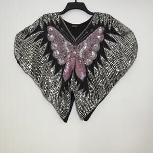 100% PURE SILK Vintage 70s 80s Sequins Butterfly Blouse M/L Medium/Large OSFM